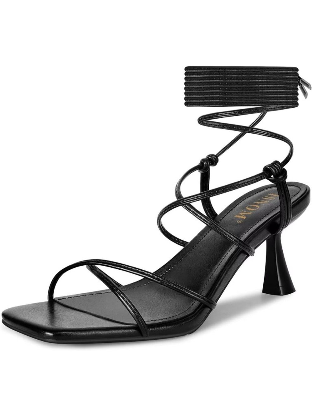 Women's Matte Black Kitten Lace Up Stiletto Heels Wrap Around Square Toe Sandals